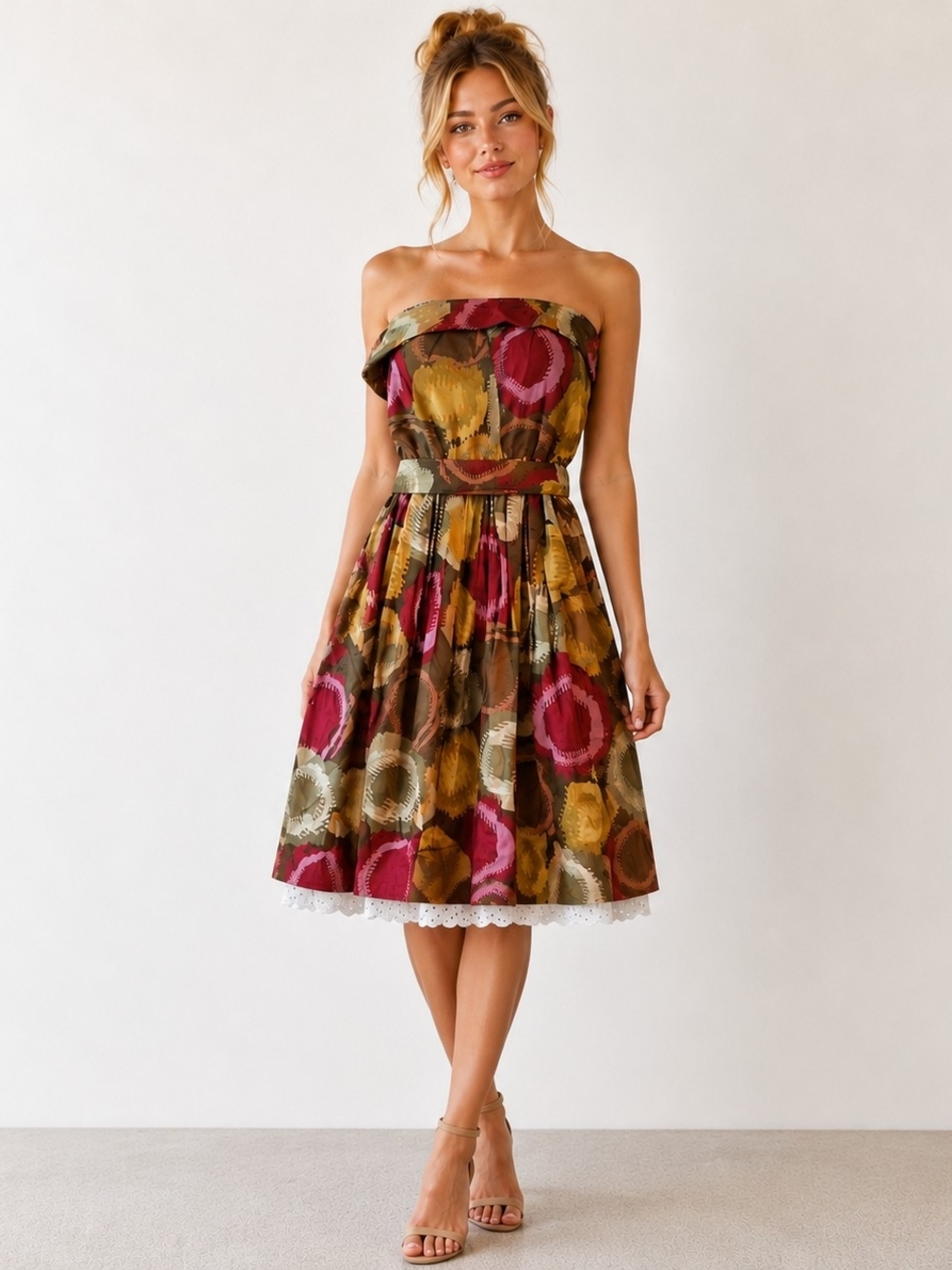 BCBGMaxAzria Olive Strapless Midi Dress with Berry & Mustard Circle Print